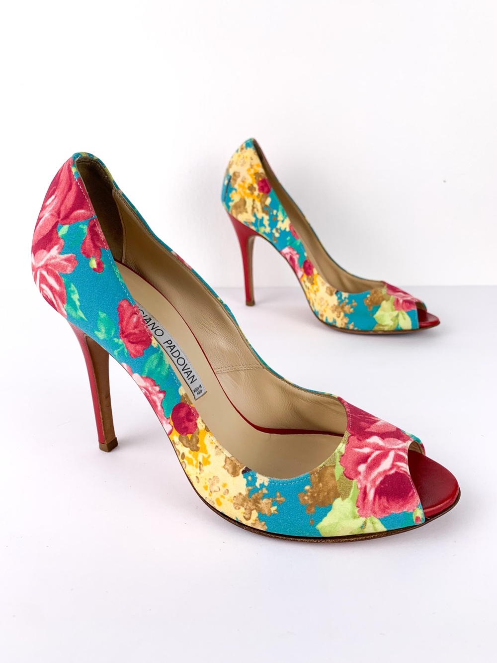 Stefano Padovan Floral Peep-Toe Stiletto Heels in Teal & Pink